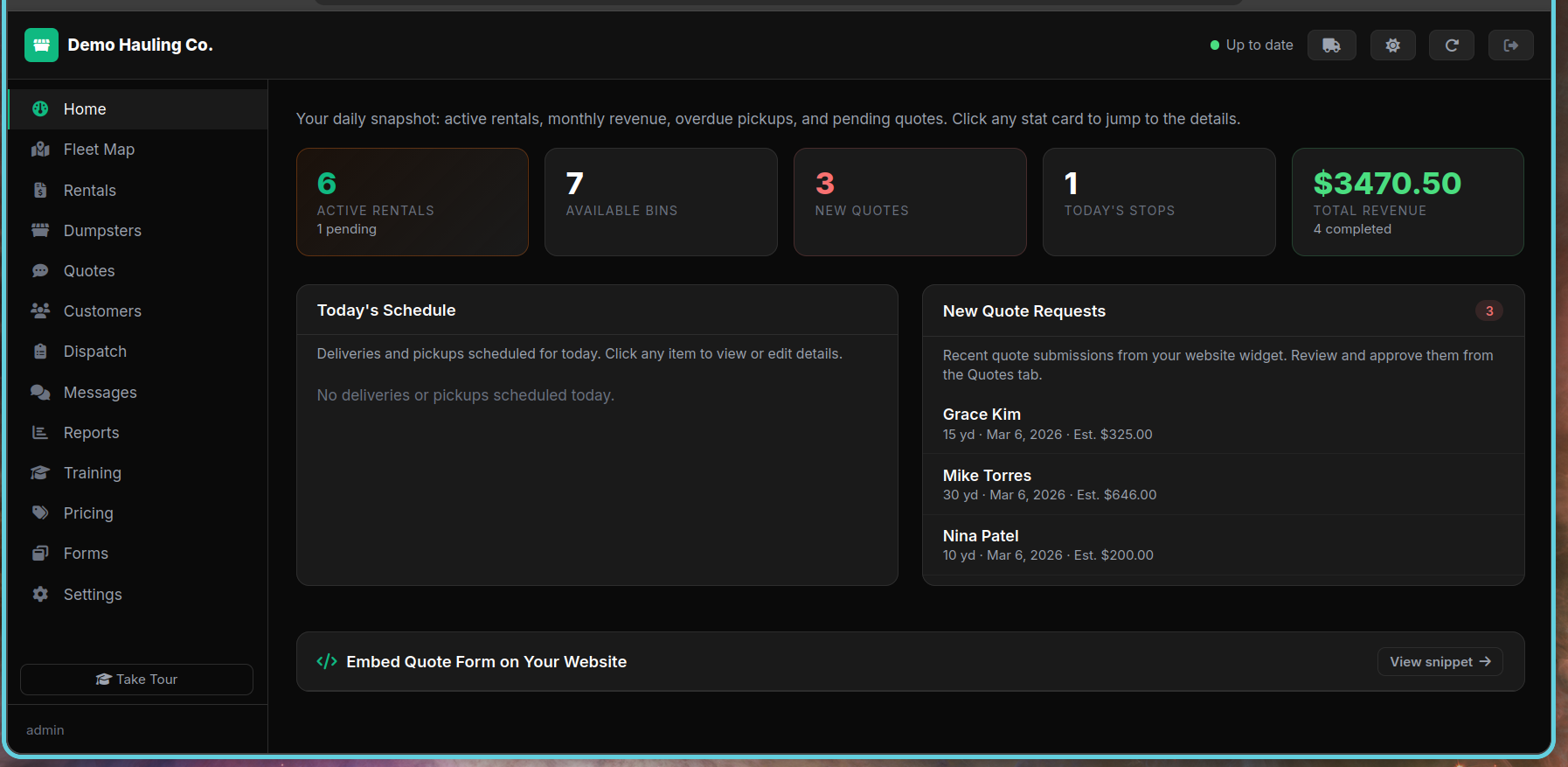 Home dashboard with stat cards and recent activity
