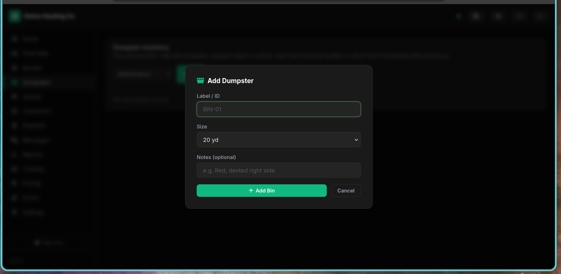 Dumpsters page with Add Bin button