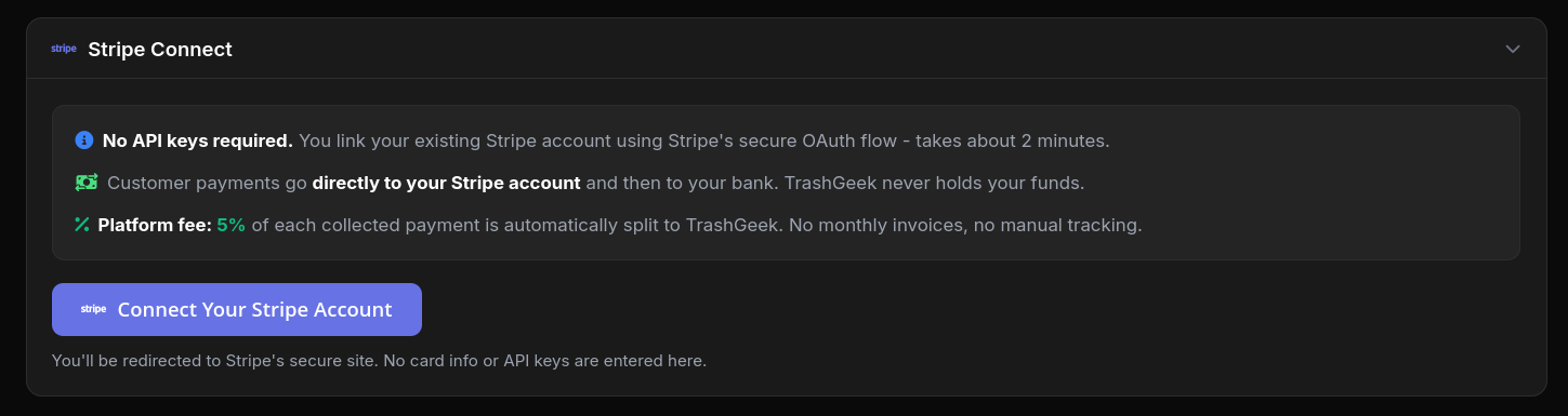 Settings page showing Stripe Connect card with connect button