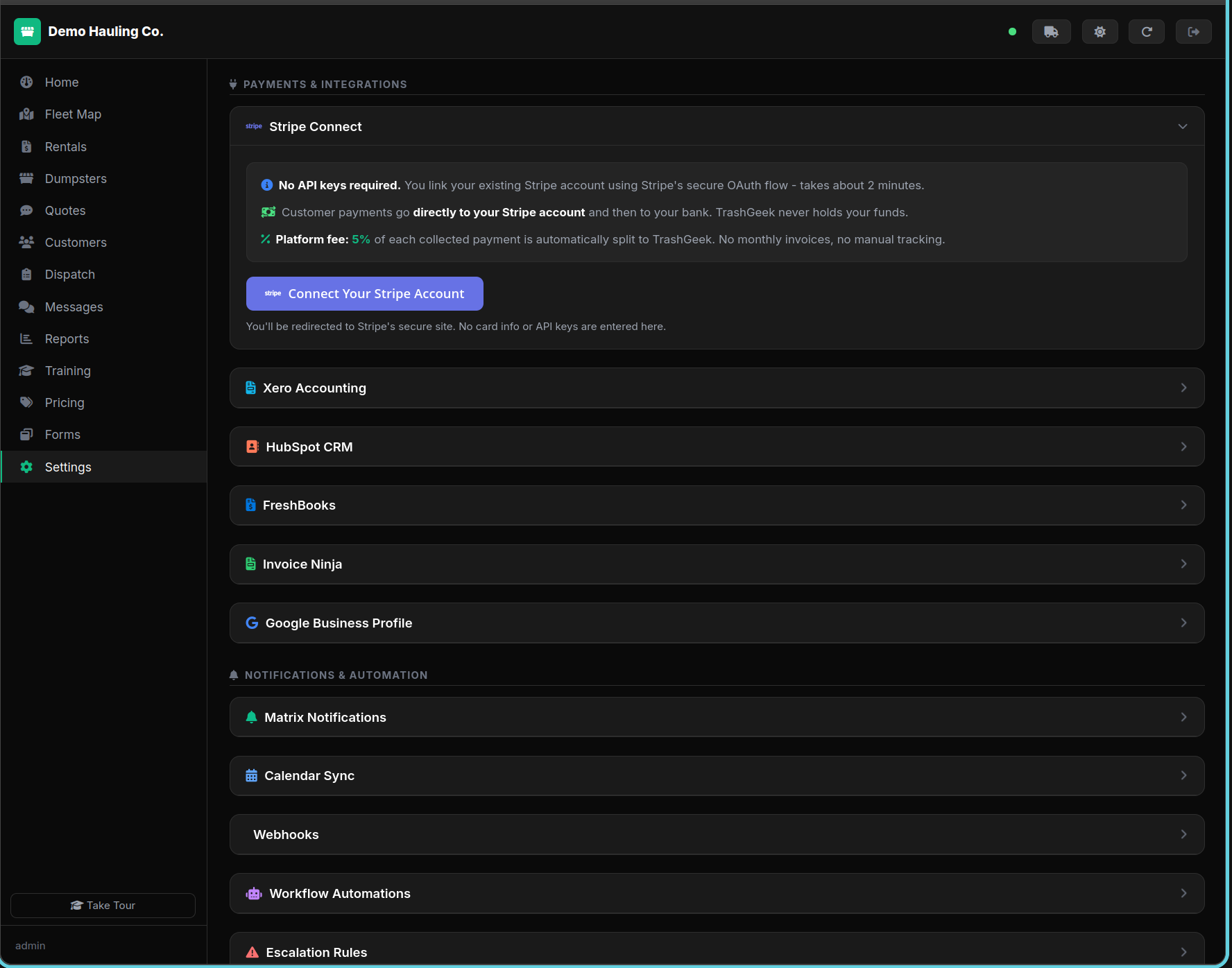 Integration cards in settings showing connect buttons for QB, Xero, FreshBooks, Invoice Ninja